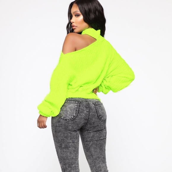 Neon green yellow turtleneck cold shoulder long sleeve tunic sweater crop top - Picture 3 of 3
